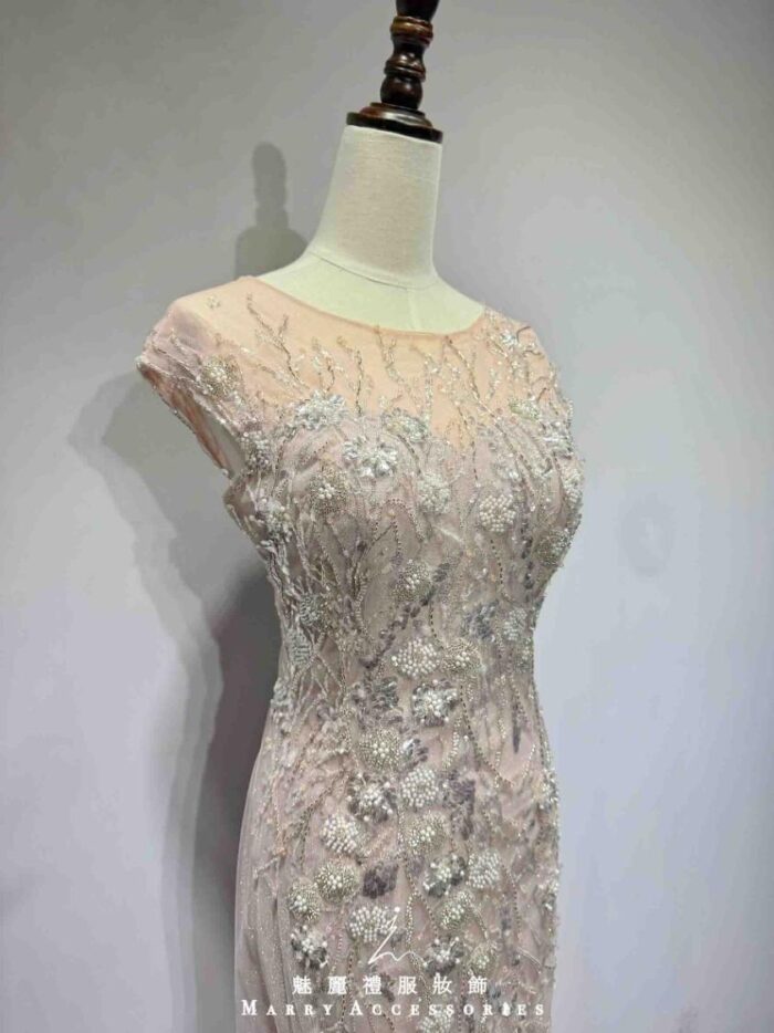 玫瑰粉珠花亮片藤蔓蕾絲紗裙魚尾禮服