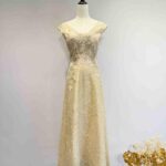 金黃細珠蕾絲織花A字裙禮服