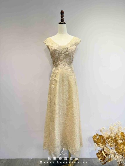 金黃細珠蕾絲織花A字裙禮服