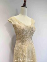 金黃細珠蕾絲織花A字裙禮服