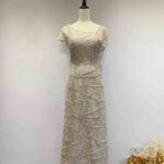 藕粉立體波紋碎鑽斜領禮服