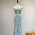 天空藍亮片藤蔓珠花蕾絲魚尾禮服