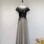 黑蕾絲織花質感灰亮紗裙禮服