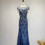 藏藍銀珠花蕾絲花紋魚尾禮服