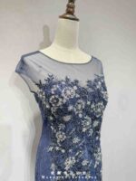藏藍銀珠花蕾絲花紋魚尾禮服