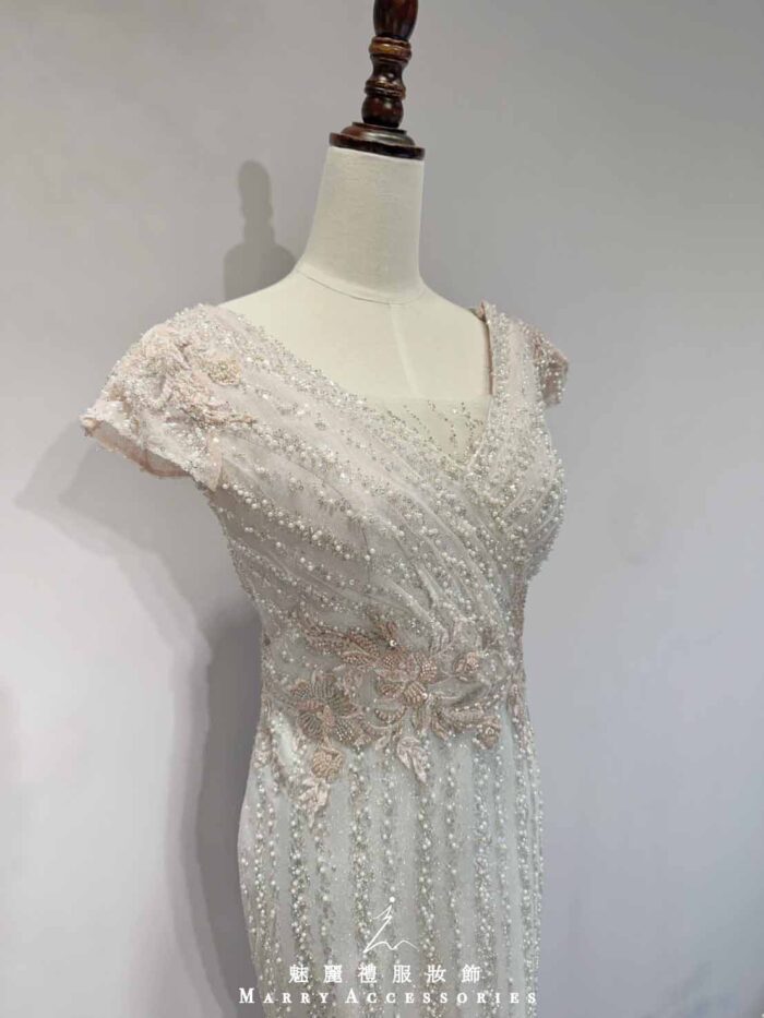 人魚粉漸變流線縫珠織花收腰禮服