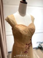 橙橘桃心領肩袖紗裙禮服