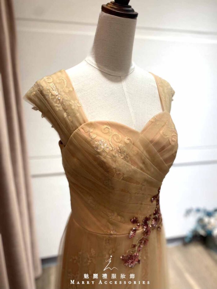 橙橘桃心領肩袖紗裙禮服