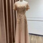 粉橘緹花蕾絲A字裙禮服