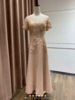 粉橘緹花蕾絲A字裙禮服