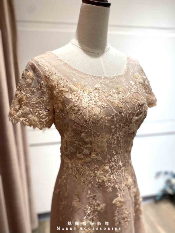 粉橘緹花蕾絲A字裙禮服