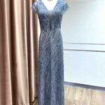 湛藍流線波紋珠片蕾絲禮服