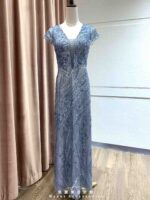 湛藍流線波紋珠片蕾絲禮服