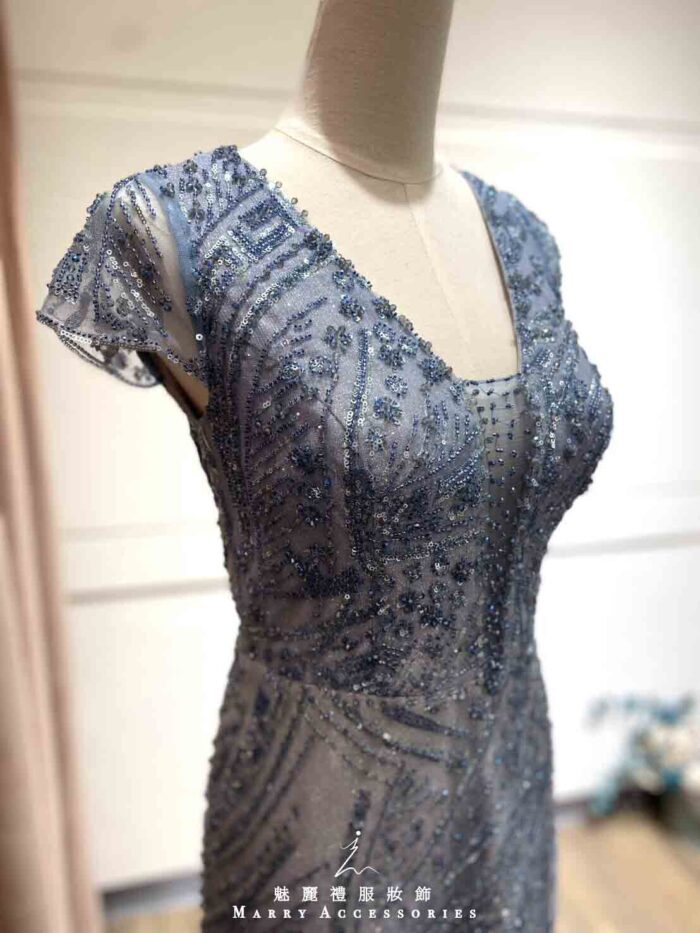 湛藍流線波紋珠片蕾絲禮服