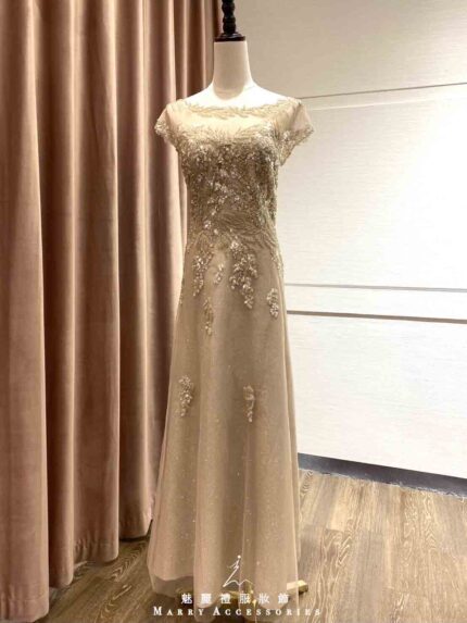 香檳金花藤縫珠A字紗裙禮服