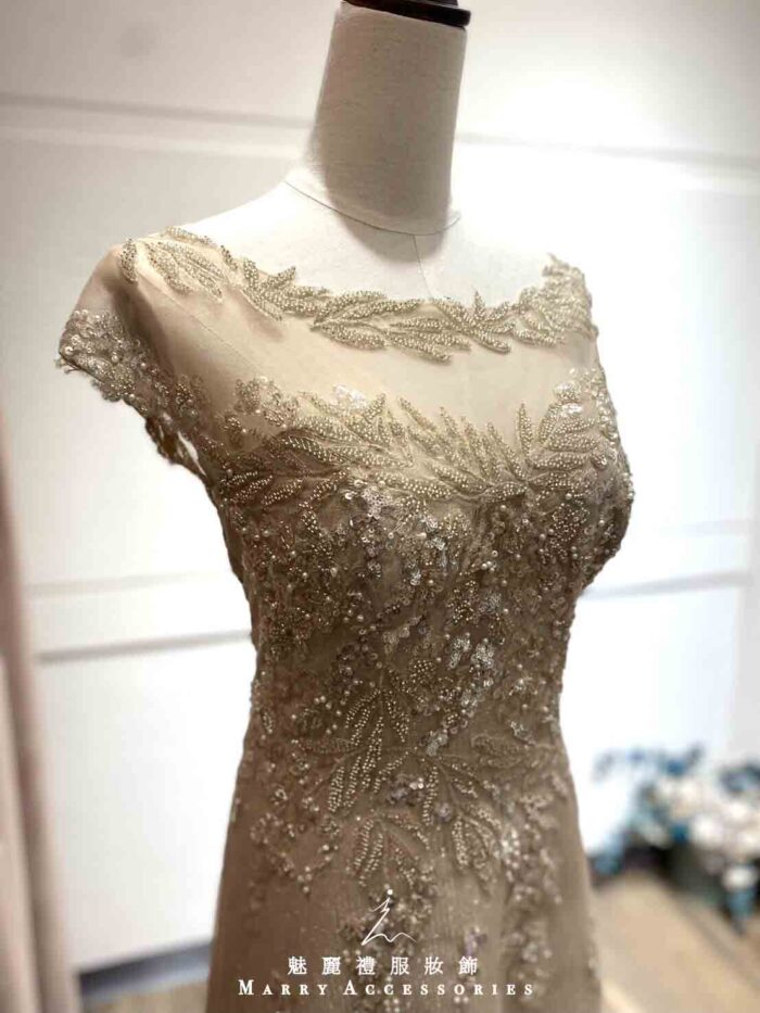香檳金花藤縫珠A字紗裙禮服