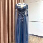 寶藍珠片縫珠蕾絲水袖亮紗裙禮服