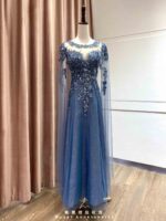 寶藍珠片縫珠蕾絲水袖亮紗裙禮服