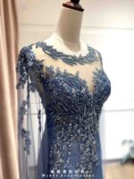 寶藍珠片縫珠蕾絲水袖亮紗裙禮服