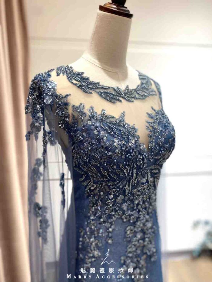 寶藍珠片縫珠蕾絲水袖亮紗裙禮服