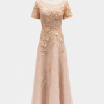 粉橘緹花蕾絲A字裙禮服