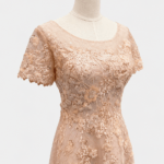 粉橘緹花蕾絲A字裙禮服