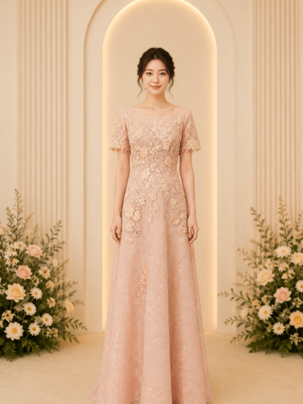 粉橘緹花蕾絲A字裙禮服