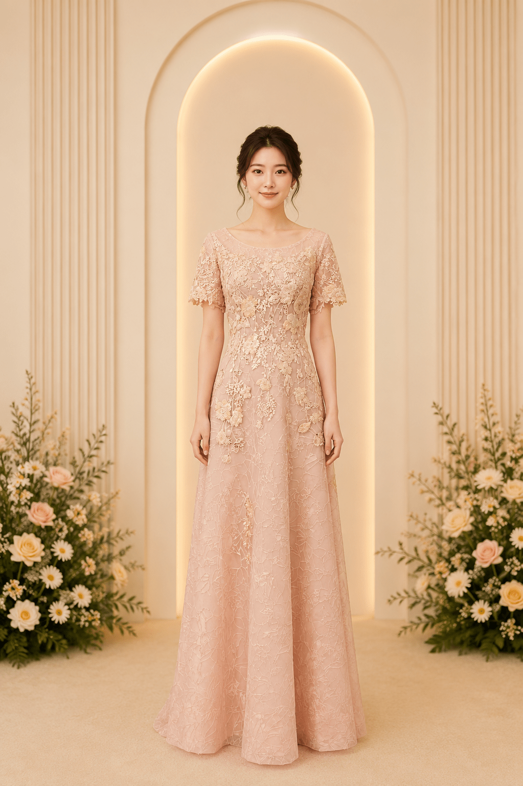 粉橘緹花蕾絲A字裙禮服
