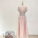 藕粉鏤空水晶排鑽高雄媽媽禮服