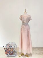 藕粉鏤空水晶排鑽高雄媽媽禮服