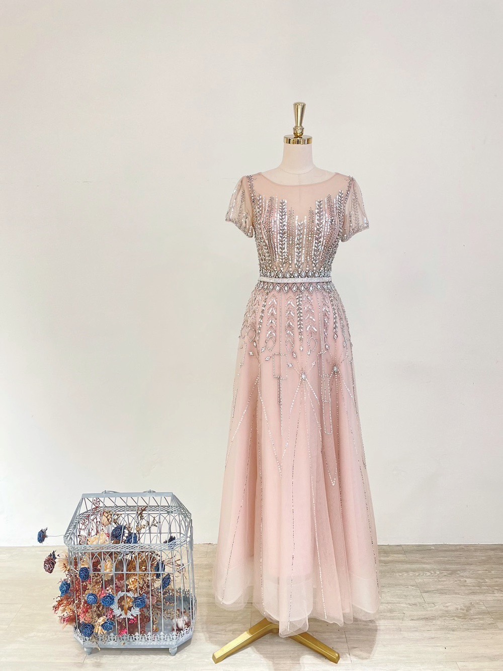 藕粉鏤空水晶排鑽高雄媽媽禮服